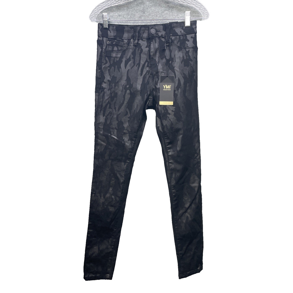 NWT YMI Collections Skinny Mid Rise Pants Junior's Large Black Camo Stretch Y2K